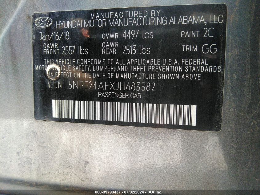 2018 Hyundai Sonata Se VIN: 5NPE24AFXJH683582 Lot: 39793437