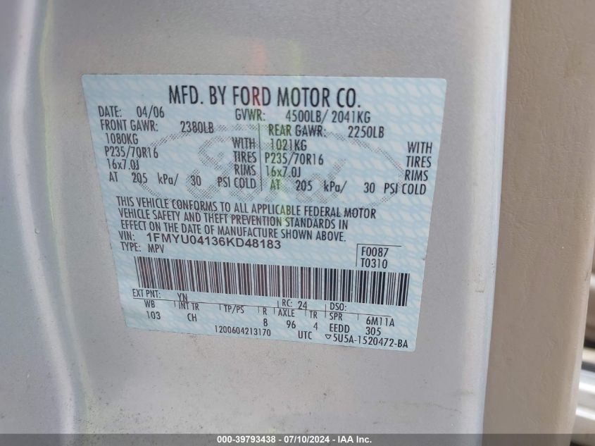 1FMYU04136KD48183 2006 Ford Escape Limited