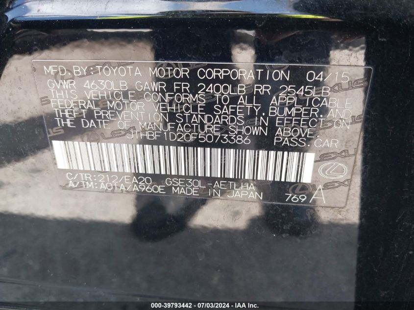 2015 Lexus Is 250 VIN: JTHBF1D20F5073386 Lot: 39793442