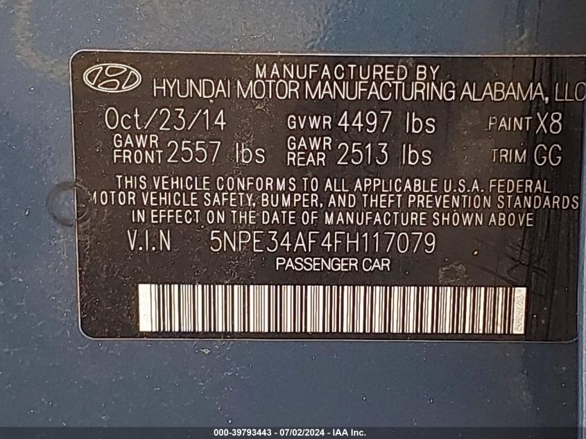 5NPE34AF4FH117079 | 2015 HYUNDAI SONATA