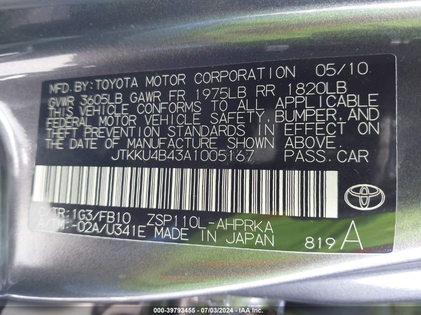 2010 Scion Xd VIN: JTKKU4B43A1005167 Lot: 39793455