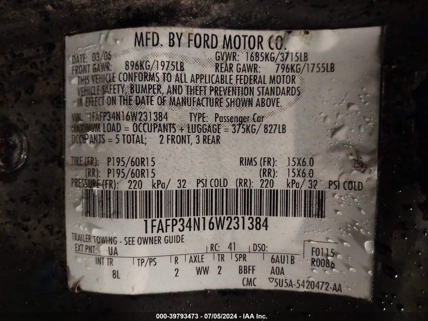 2006 Ford Focus Zx4 VIN: 1FAFP34N16W231384 Lot: 39793473