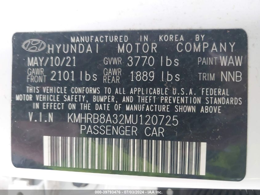 2021 Hyundai Venue Se VIN: KMHRB8A32MU120725 Lot: 39793476