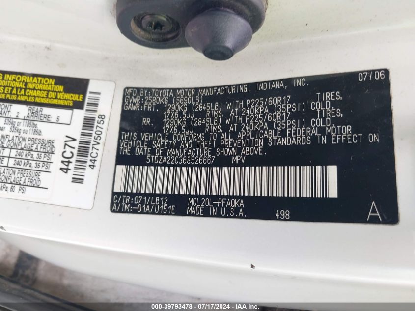 2006 Toyota Sienna Xle Limited VIN: 5TDZA22C36S526667 Lot: 39793478