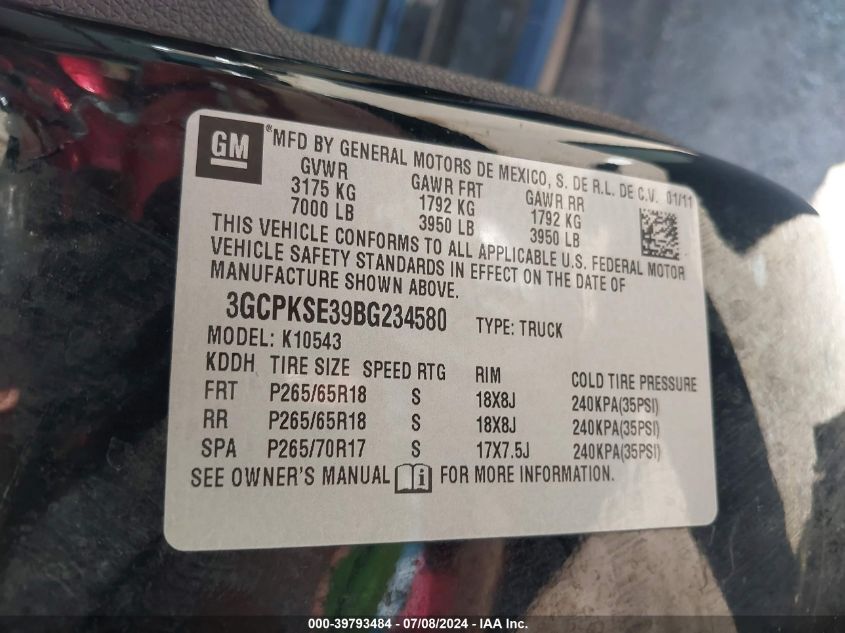 2011 Chevrolet Silverado K1500 Lt VIN: 3GCPKSE39BG234580 Lot: 39793484