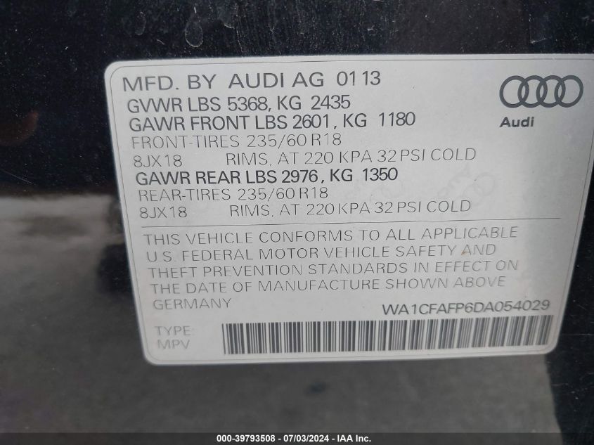 2013 Audi Q5 2.0T Premium VIN: WA1CFAFP6DA054029 Lot: 39793508