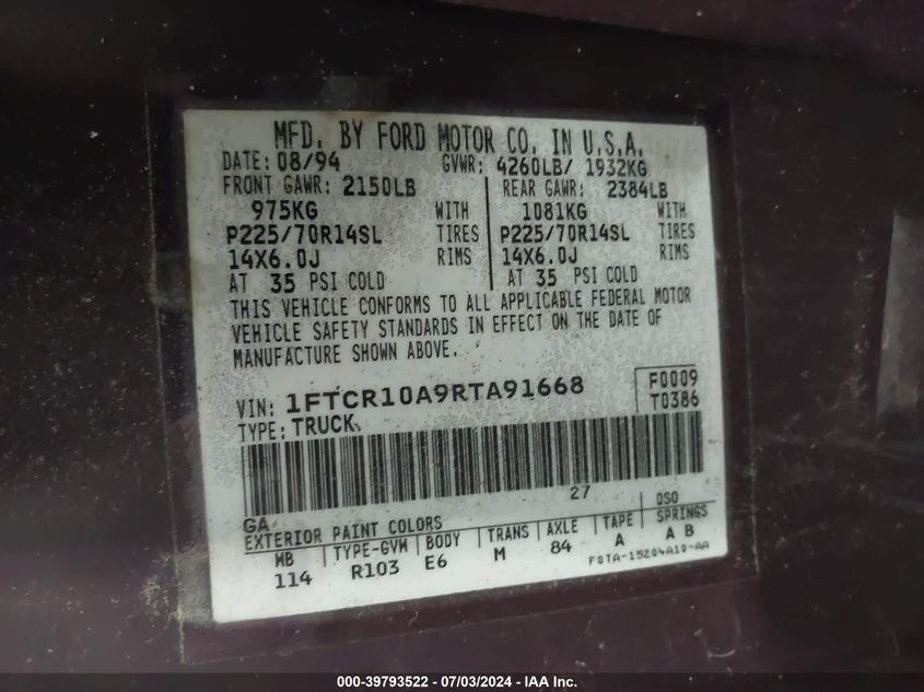 1994 Ford Ranger VIN: 1FTCR10A9RTA91668 Lot: 39793522