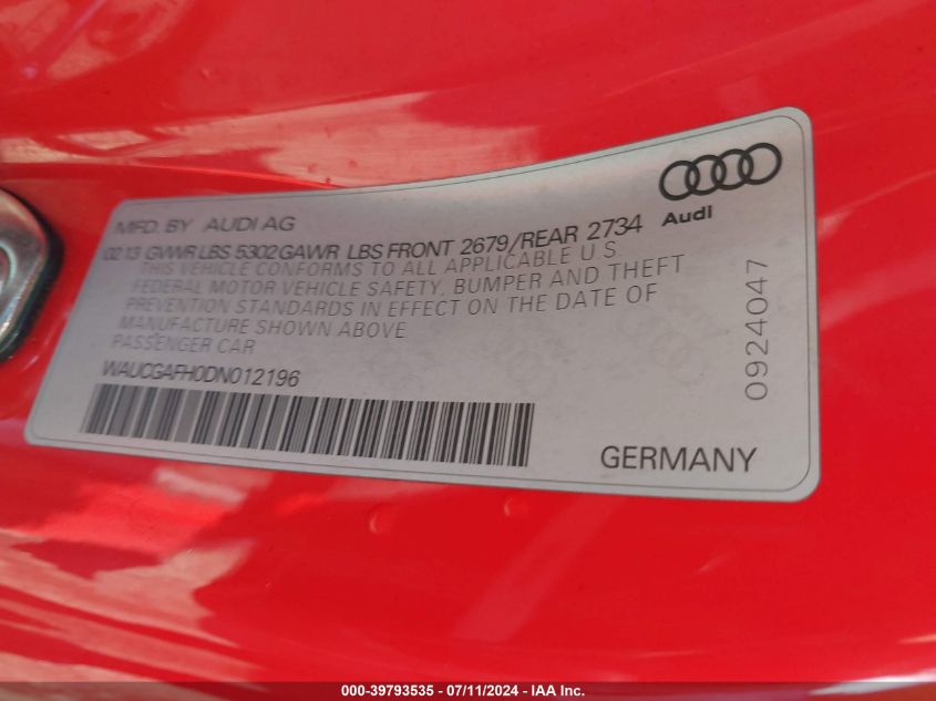 2013 Audi S5 3.0T Premium Plus VIN: WAUCGAFH0DN012196 Lot: 39793535