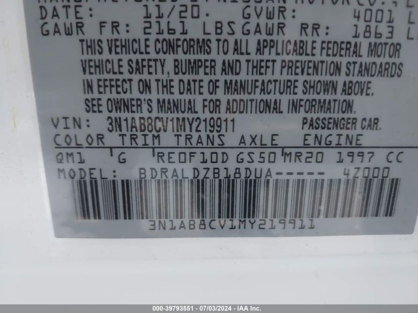 2021 Nissan Sentra Sv Xtronic Cvt VIN: 3N1AB8CV1MY219911 Lot: 39793551