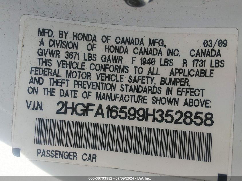 2009 Honda Civic Lx VIN: 2HGFA16599H352858 Lot: 39793552