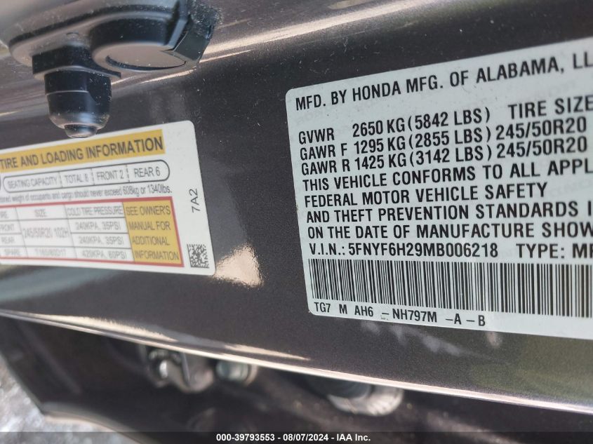 2021 Honda Pilot Awd Special Edition VIN: 5FNYF6H29MB006218 Lot: 39793553