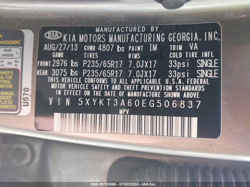 2014 Kia Sorento Lx VIN: 5XYKT3A60EG506837 Lot: 39793568