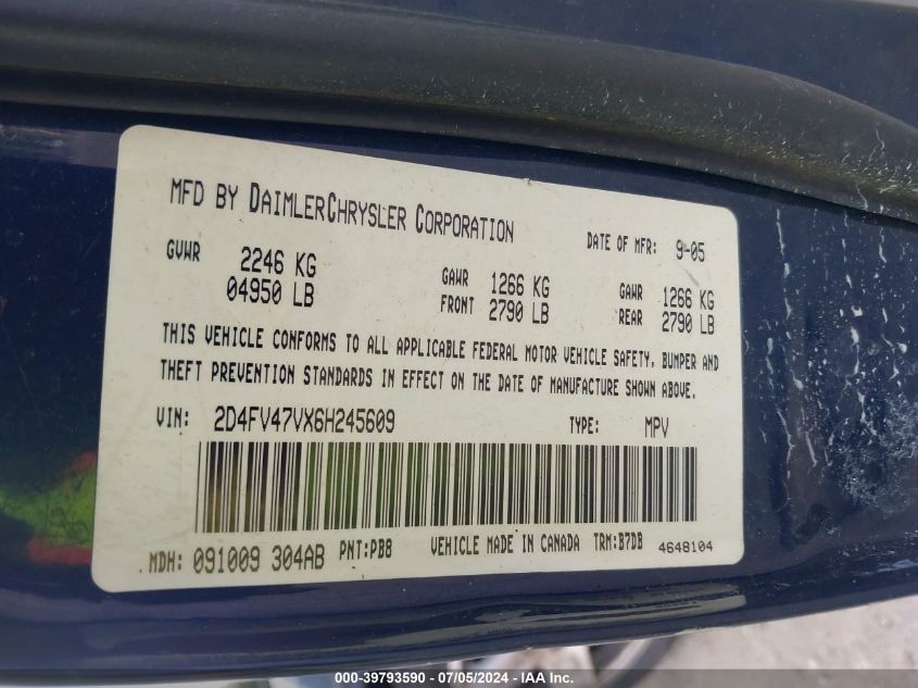 2006 Dodge Magnum VIN: 2D4FV47VX6H245609 Lot: 39793590