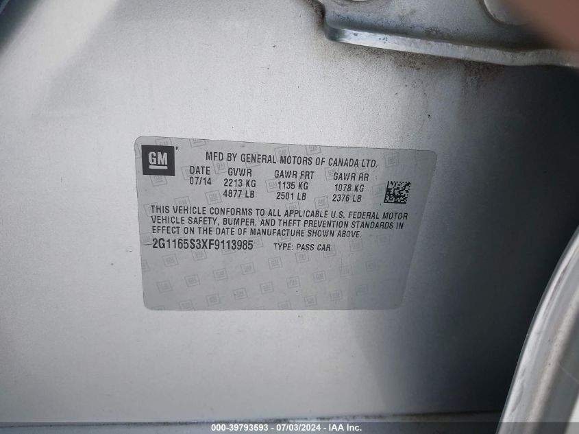 2015 Chevrolet Impala 2Lz VIN: 2G1165S3XF9113985 Lot: 39793593