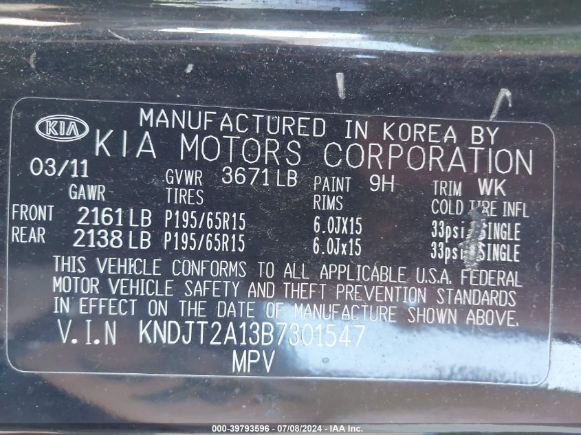 2011 Kia Soul VIN: KNDJT2A13B7301547 Lot: 39793596