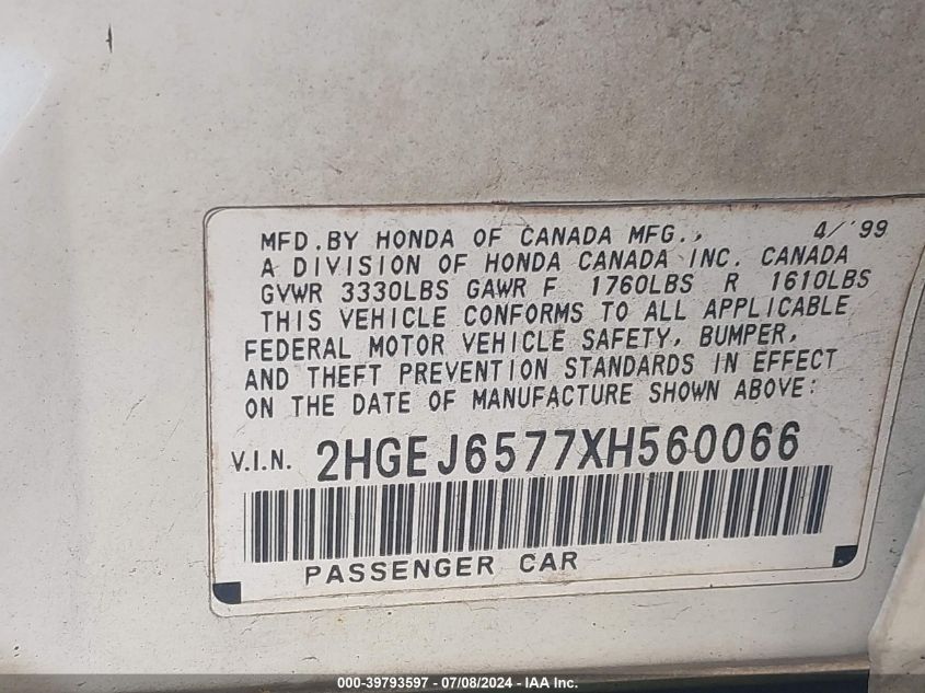 1999 Honda Civic Lx VIN: 2HGEJ6577XH560066 Lot: 39793597