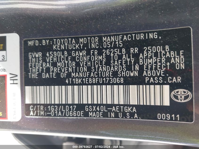 2015 Toyota Avalon Xle VIN: 4T1BK1EB8FU173068 Lot: 39793627