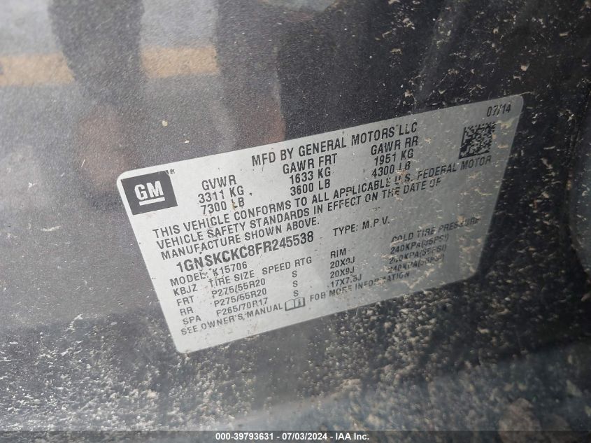 2015 Chevrolet Tahoe K1500 Ltz VIN: 1GNSKCKC8FR245538 Lot: 39793631