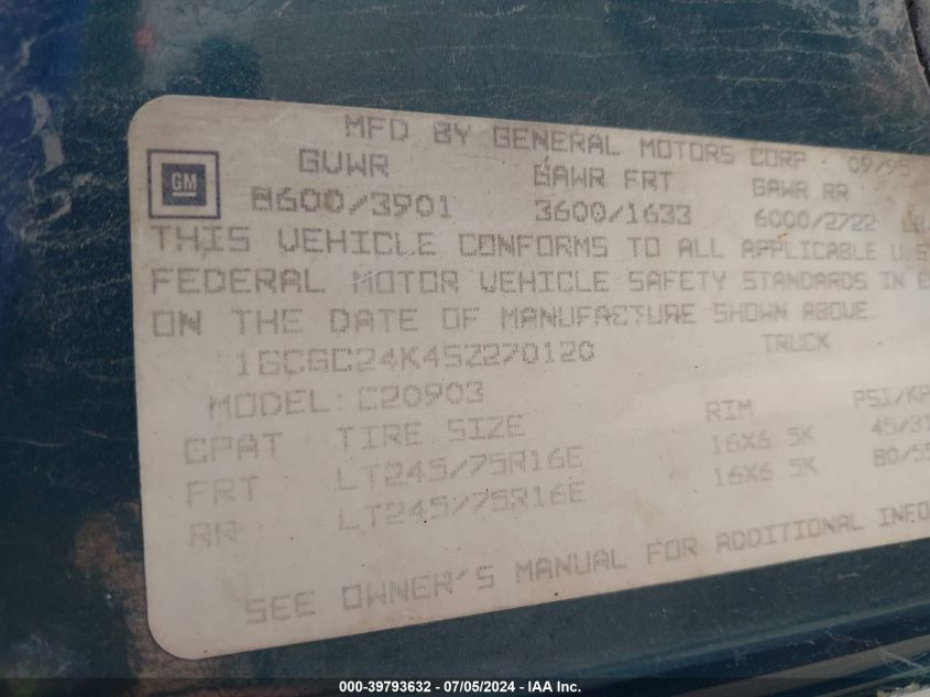 1995 Chevrolet Gmt-400 C2500 VIN: 1GCGC24K4SZ270120 Lot: 39793632