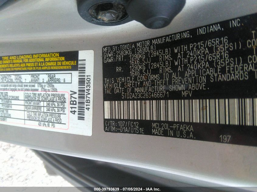 2006 Toyota Sienna Le VIN: 5TDZA23C26S466671 Lot: 39793639