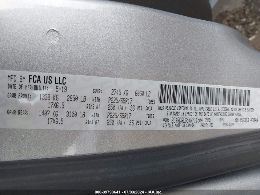 2019 Dodge Grand Caravan Gt VIN: 2C4RDGEG5KR711504 Lot: 39793641