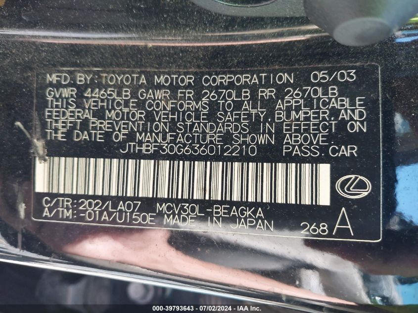 2003 Lexus Es 300 VIN: JTHBF30G636012210 Lot: 39793643