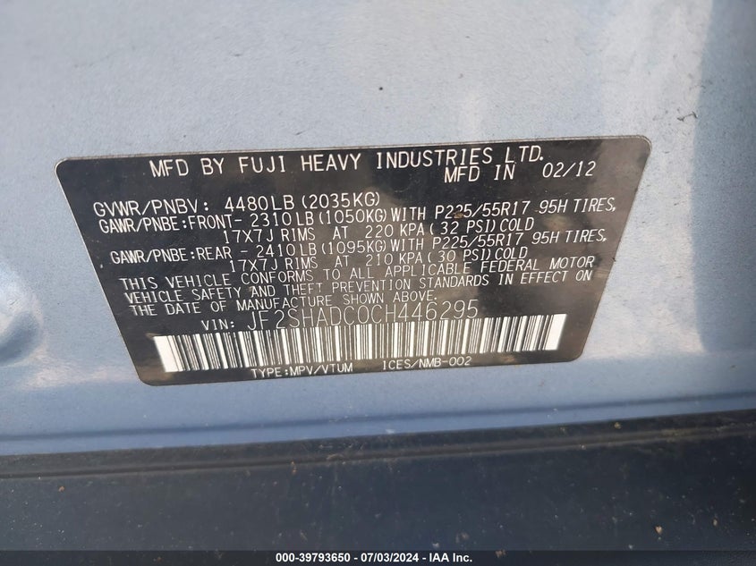 2012 Subaru Forester 2.5X Premium VIN: JF2SHADC0CH446295 Lot: 39793650