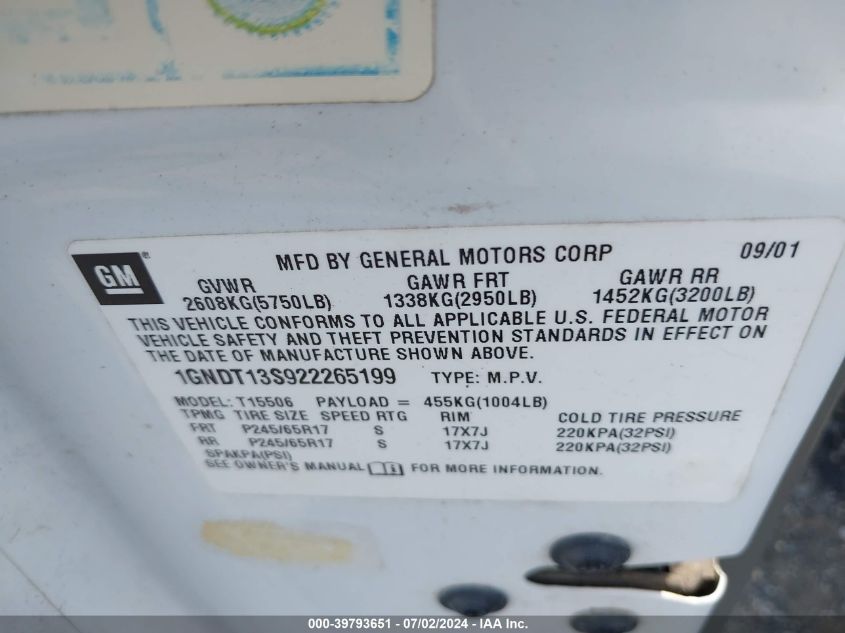 2002 Chevrolet Trailblazer Ltz VIN: 1GNDT13S922265199 Lot: 39793651