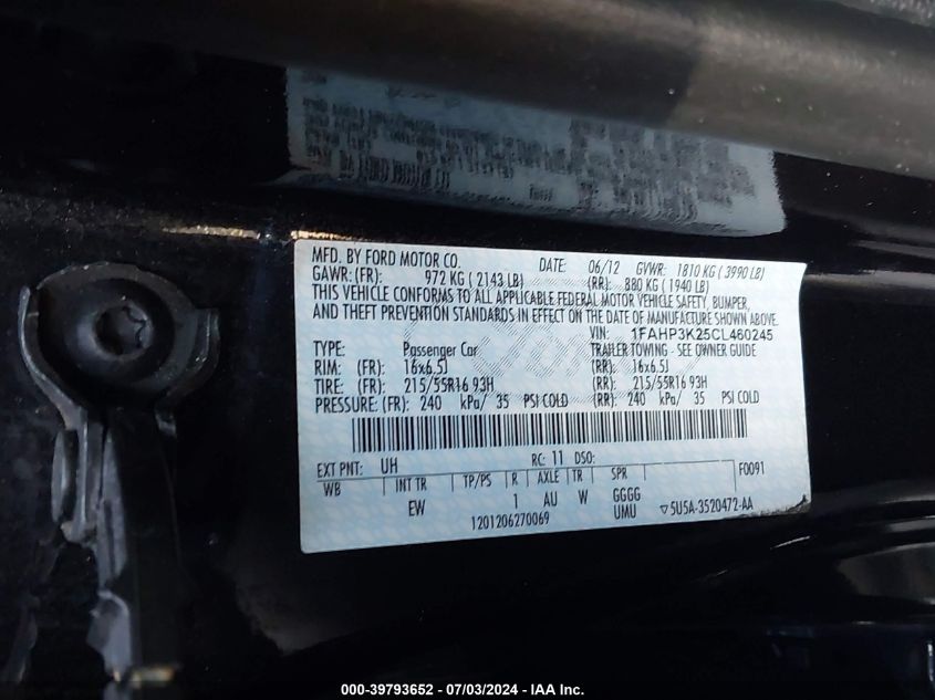 2012 Ford Focus Se VIN: 1FAHP3K25CL460245 Lot: 39793652