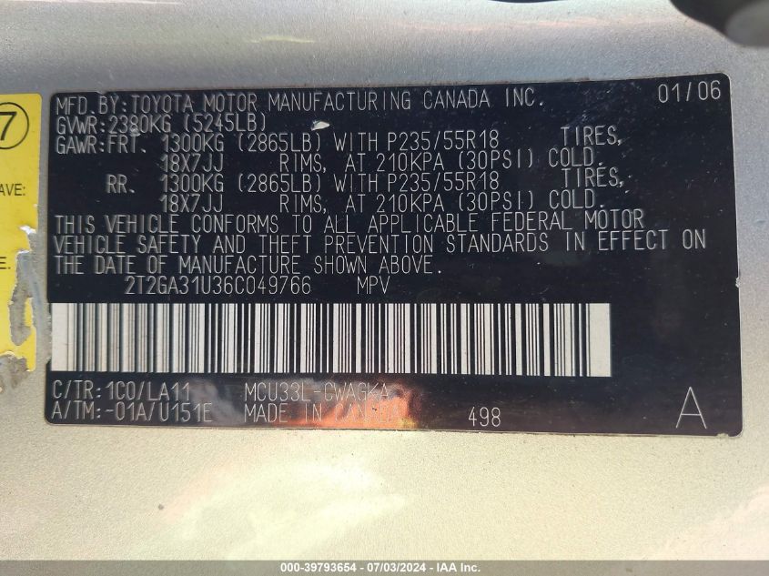 2006 Lexus Rx 330 VIN: 2T2GA31U36C049766 Lot: 39793654