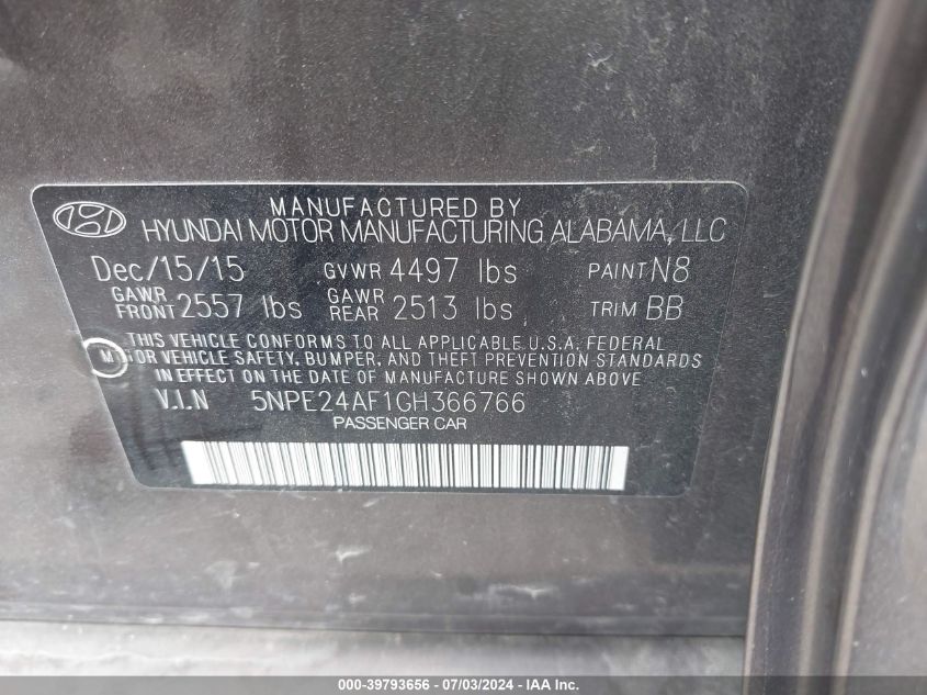 2016 Hyundai Sonata Se VIN: 5NPE24AF1GH366766 Lot: 39793656