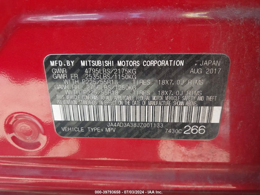 2018 Mitsubishi Outlander Se VIN: JA4AD3A38JZ001133 Lot: 39793658