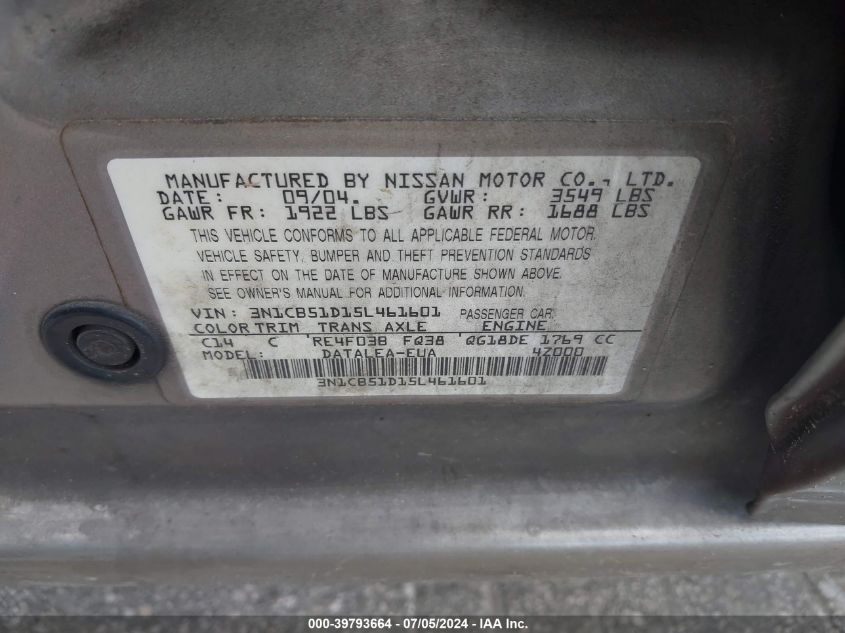 2005 Nissan Sentra 1.8S VIN: 3N1CB51D15L461601 Lot: 39793664