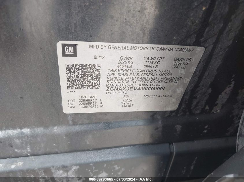 2018 Chevrolet Equinox Lt VIN: 2GNAXJEV4J6334669 Lot: 39793665