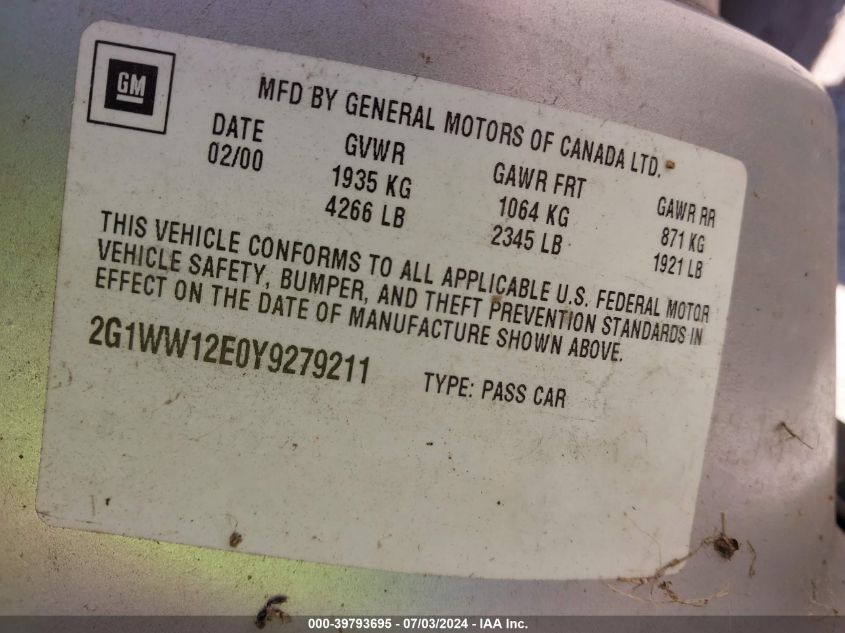 2000 Chevrolet Monte Carlo Ls VIN: 2G1WW12E0Y9279211 Lot: 39793695