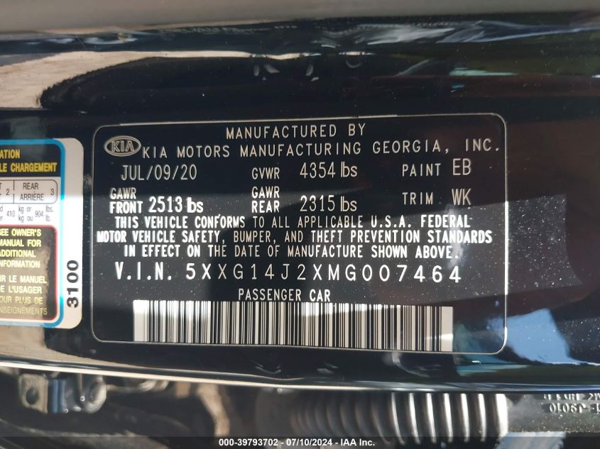 2021 Kia K5 Lxs VIN: 5XXG14J2XMG007464 Lot: 39793702