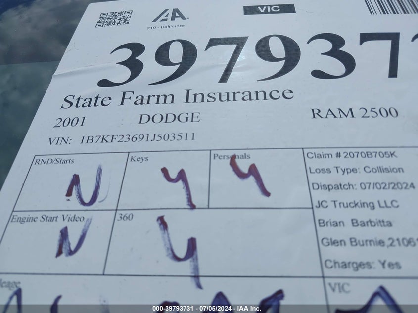 2001 Dodge Ram 2500 St VIN: 1B7KF23691J503511 Lot: 39793731