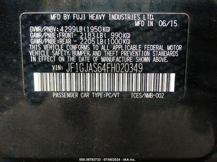 2015 Subaru Impreza 2.0I Limited VIN: JF1GJAS64FH020349 Lot: 39793733