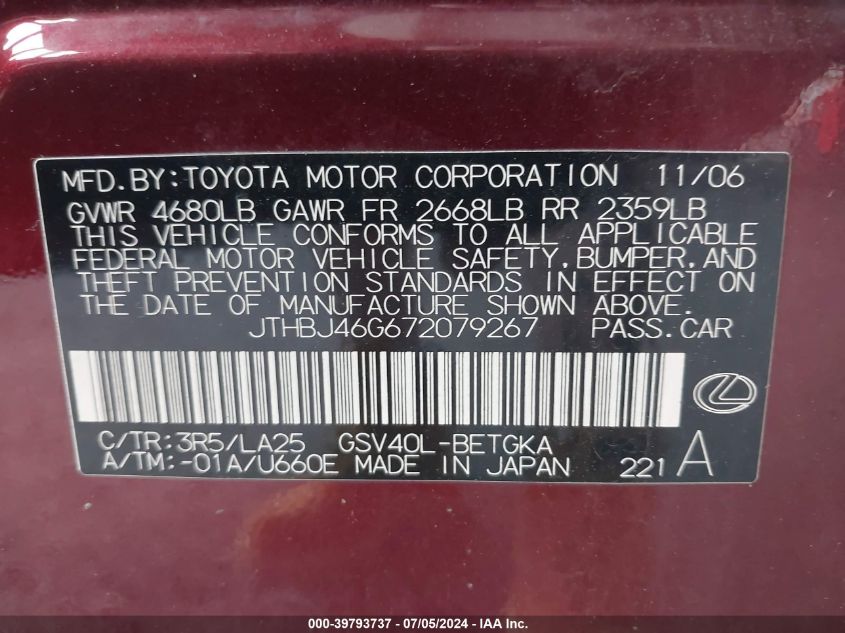 2007 Lexus Es 350 VIN: JTHBJ46G672079267 Lot: 39793737