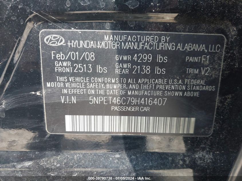 2009 Hyundai Sonata Gls VIN: 5NPET46C79H416407 Lot: 39793738
