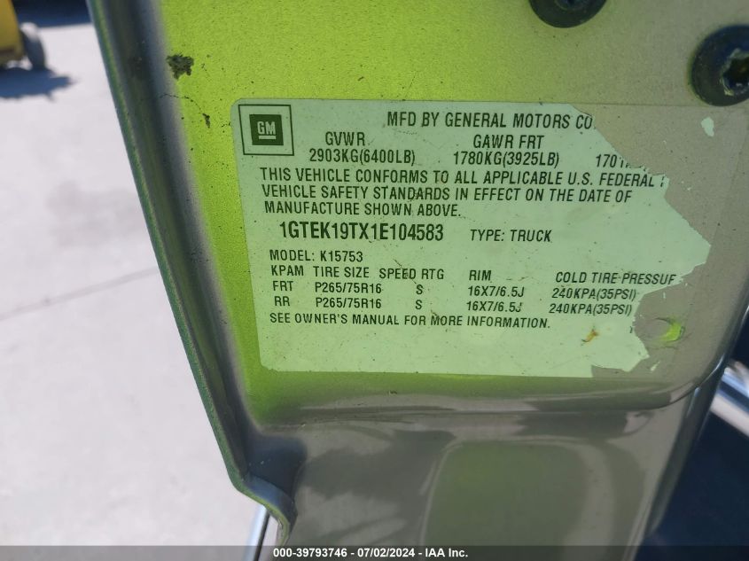 2001 GMC Sierra 1500 Sle VIN: 1GTEK19TX1E104583 Lot: 39793746