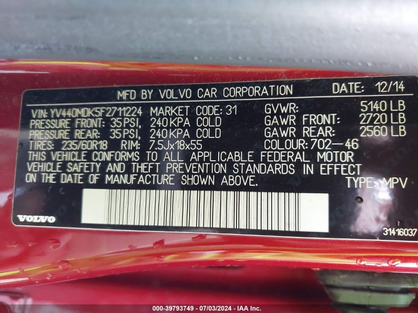 2015 Volvo Xc60 T5 Premier VIN: YV440MDK5F2711224 Lot: 39793749