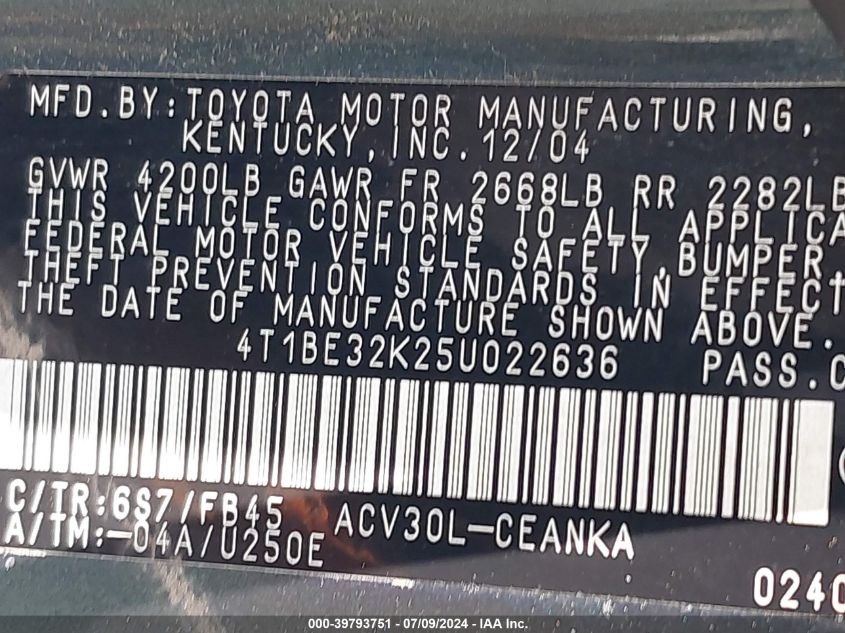 2005 Toyota Camry Le VIN: 4T1BE32K25U022636 Lot: 39793751