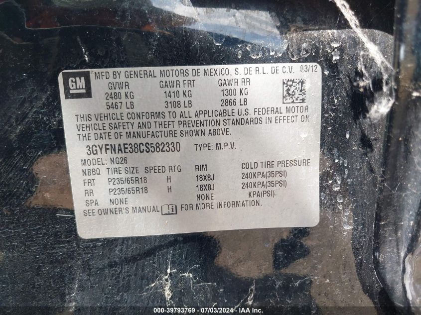 2012 Cadillac Srx Luxury Collection VIN: 3GYFNAE38CS582330 Lot: 39793769