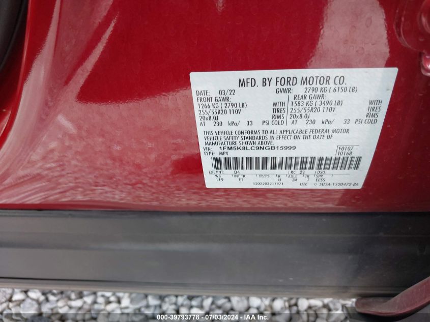 2022 Ford Explorer King Ranch VIN: 1FM5K8LC9NGB15999 Lot: 39793778