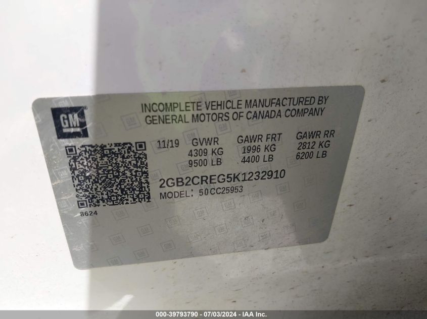 2019 CHEVROLET SILVERADO VIN: 2GB2CREG5K1232910