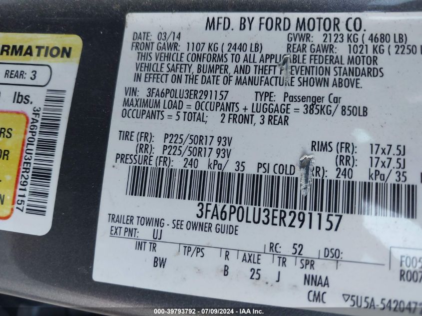 2014 Ford Fusion Se Hybrid VIN: 3FA6P0LU3ER291157 Lot: 39793792