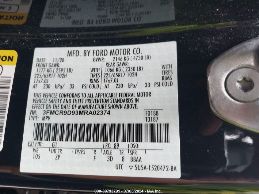 2021 Ford Bronco Sport Badlands VIN: 3FMCR9D93MRA02374 Lot: 39793791