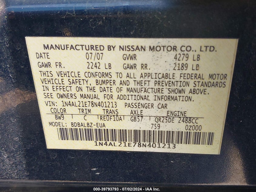 2008 Nissan Altima 2.5 S VIN: 1N4AL21E78N401213 Lot: 39793793