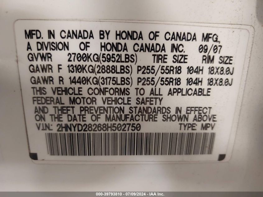 2008 Acura Mdx VIN: 2HNYD28268H502750 Lot: 39793810